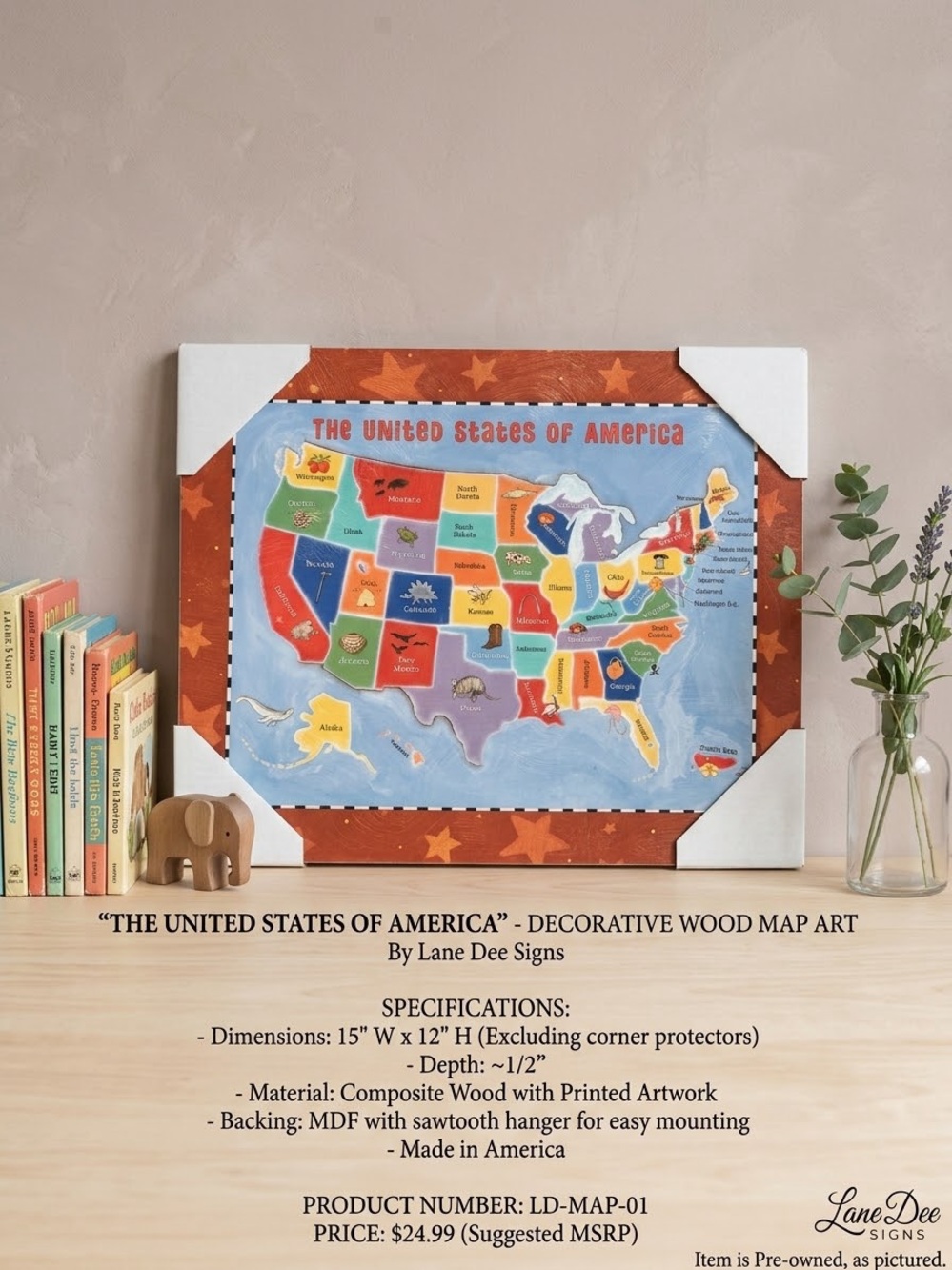 “The United States of America” wooden map Blue & Red nursery decor gift USA